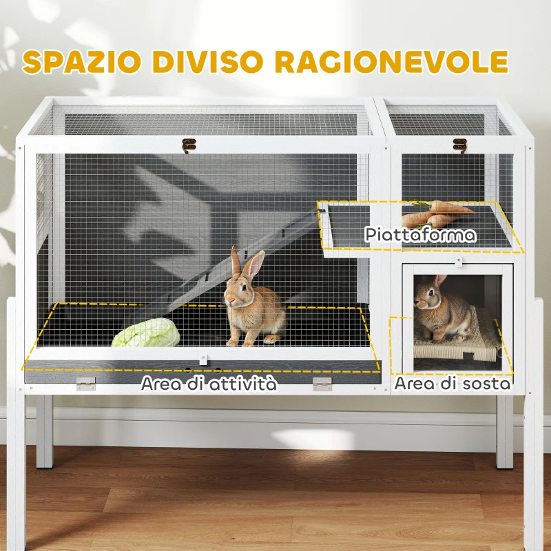 PawHut Gabbia per Conigli e Criceti da Interno Rialzata con Vassoio Estraibile e Tetto Apribile, Grigio