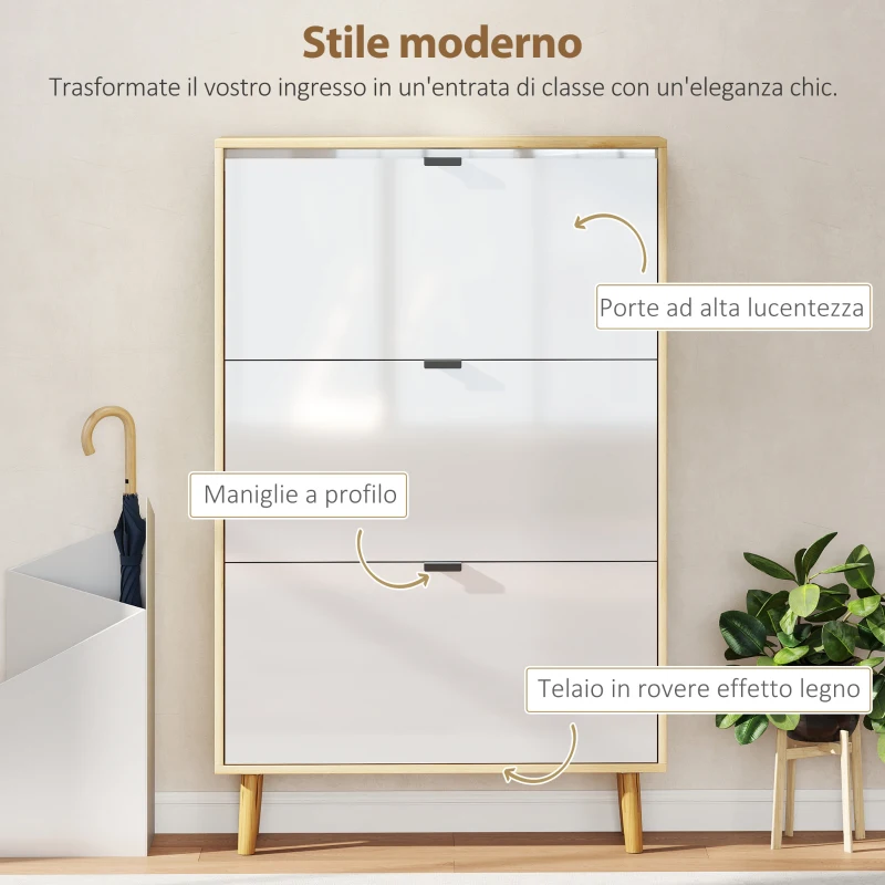 HOMCOM Scarpiera Slim Moderna con 3 Cassetti Ribaltabili per 24 Paia di Scarpe, 80x24x127 cm, Bianco