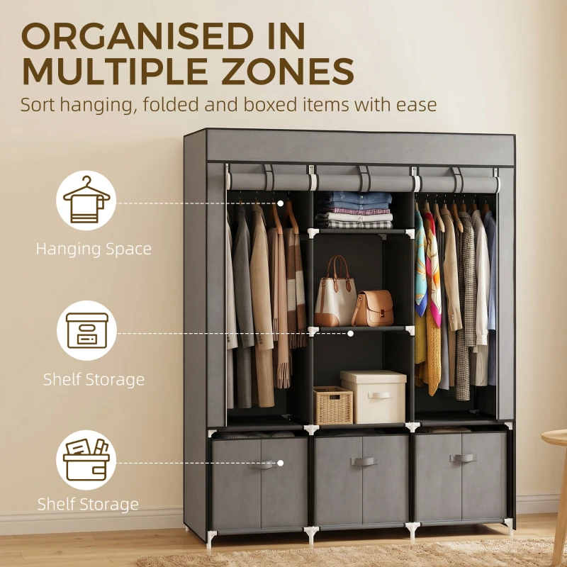 HOMCOM Foldable Fabric Wardrobe for Bedroom, Portable Wardrobe with 5 Shelves, 2 Hanging Rails and 3 Fabric Drawers, Dark Grey