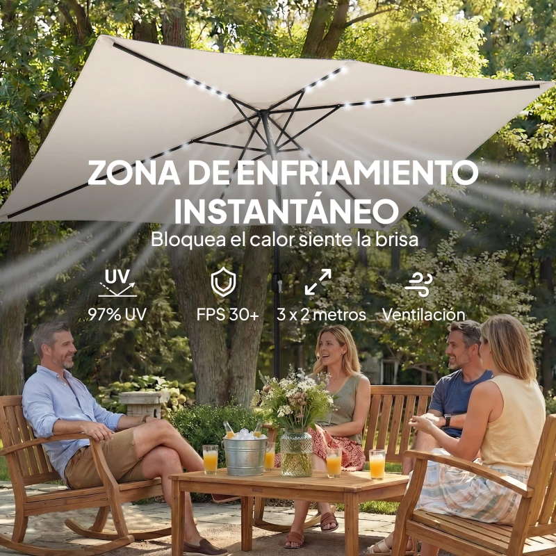 Outsunny Sombrilla de Jardín con 24 Luces LED Solares Dosel Inclinable Poste Metálico 2,9x2,5 m Crema