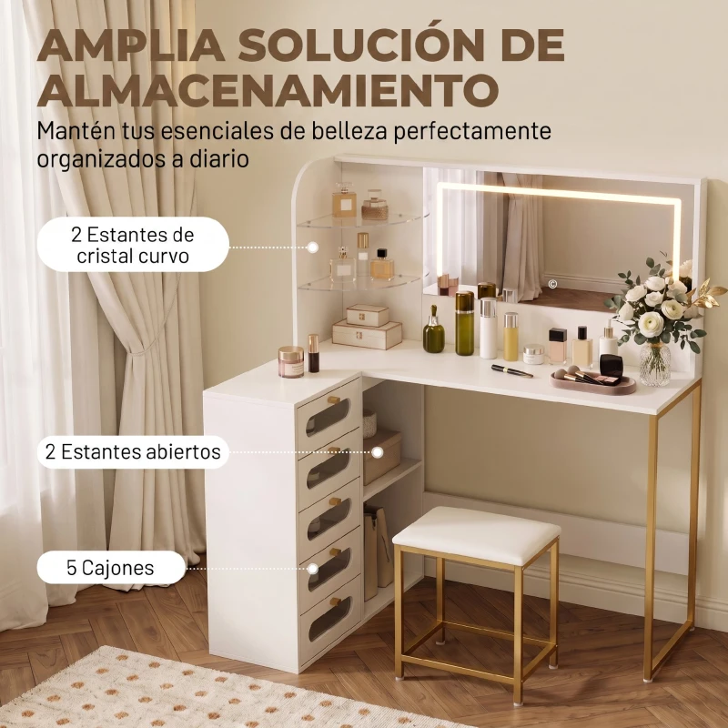 HOMCOM Tocador de Maquillaje con Espejo Luces LED Taburete 5 Cajones 2 Compartimentos y 2 Estantes de Cristal Blanco