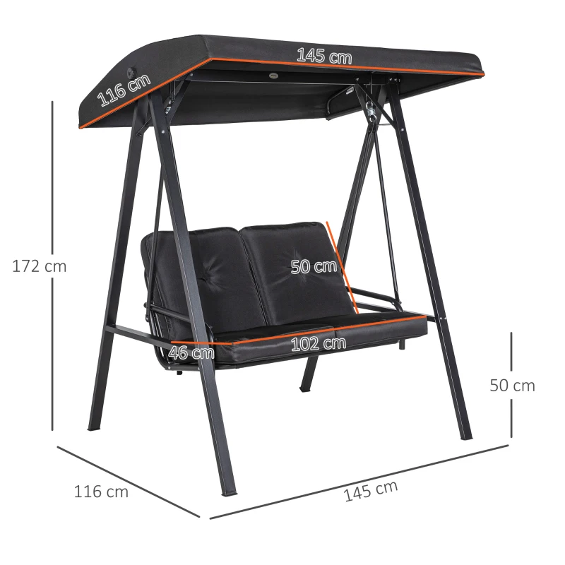Outsunny Hollywoodschommel, 2-zits Tuinschommel met Verstelbaar Dak, tot 220 kg belastbaar, 145 x 116 x 172 cm, Zwart