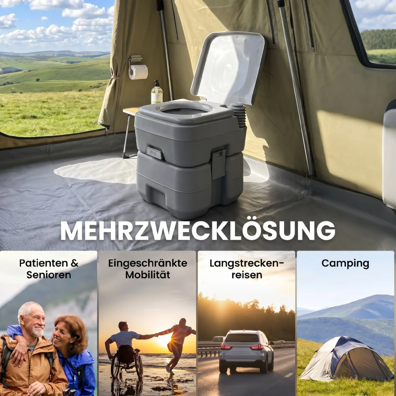 HOMCOM Campingtoilet, 20 L Mobiel WC, Campingtoilet met spoel- en afvoertank, 35,5 x 41 x 42,5 cm, plastic, grijs