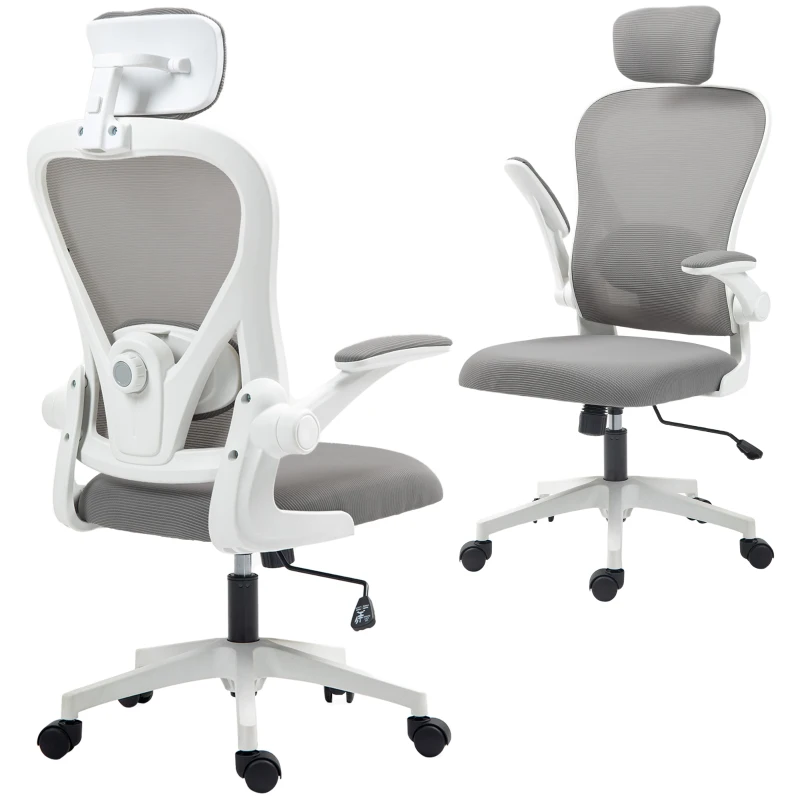 HOMCOM Chaise de Bureau Ergonomique, Fauteuil de Bureau en Maille avec Appui-Tête et Soutien Lombaire Réglables, Gris
