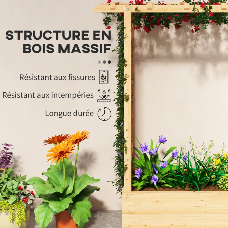 Outsunny Jardinière surélevée avec treillis latéral et supérieur, bac à fleurs trous de drainage, 110x44x113cm, bois naturel