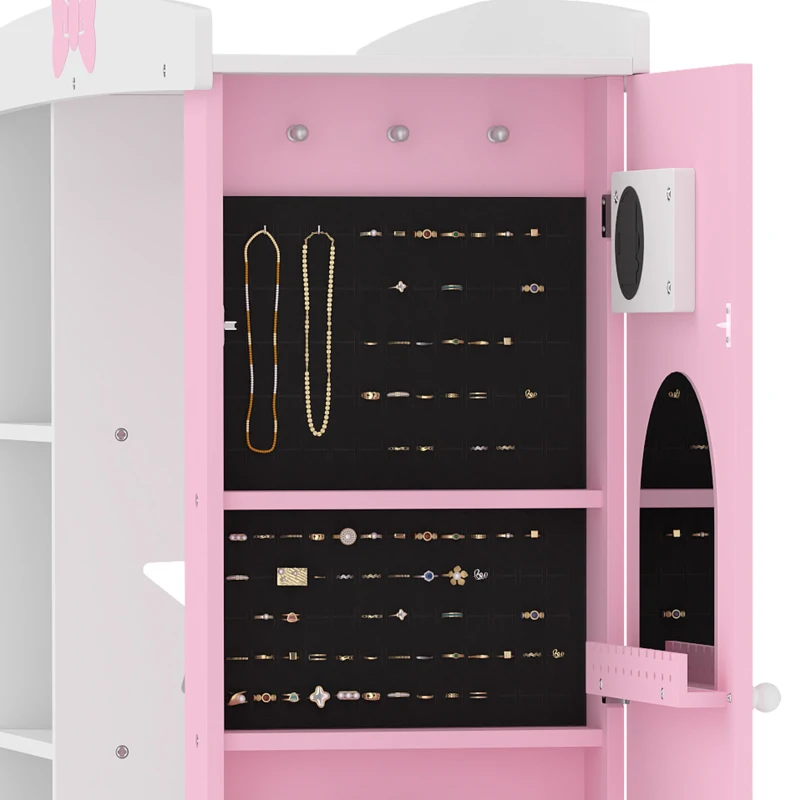 AIYAPLAY Kids Wardrobe with Lighted Mirror, Clothes Rail, Jewelry Cabinet, Shelves, Storage Boxes for Bedroom, Nursery, Pink