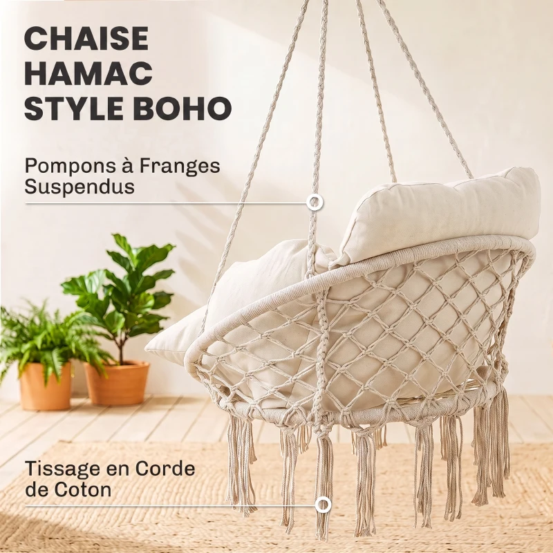 Outsunny Chaise suspendue avec grand coussin rembourré hamac fauteuil suspendu à franges kit de suspension 80 x 60 x 40 cm crème