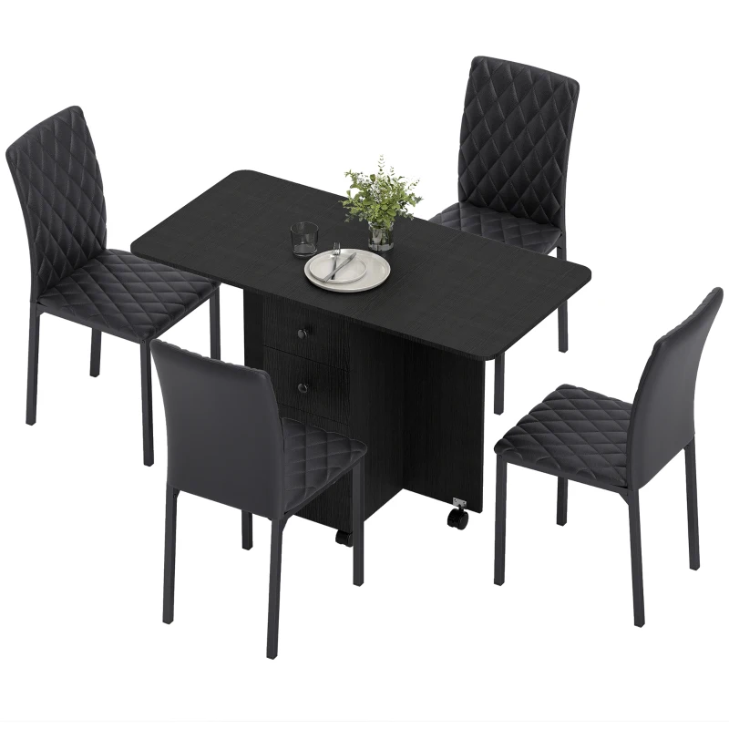 HOMCOM Dining Table Set, Folding Drop Leaf Table with Storage and 4 Chairs, Black