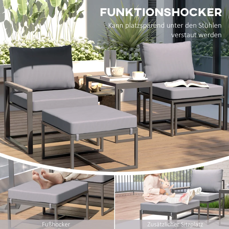 Outsunny Weerbestendige Stalen Tuinmeubelset voor 2 Personen Balkonset met 2 Stoelen, Zitkussens en Bijzettafel - Grijs