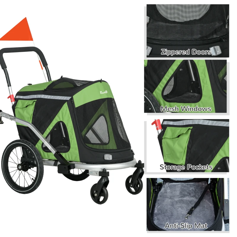 PawHut 2-in-1 Hondenbuggy Hondenjogger Fietskar, 2 Reflectoren, 1 Veiligheidslijn, 150 x 68 x 95 cm, Groen