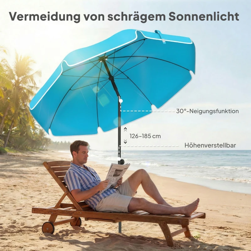 Outsunny Sonnenschirm Strand Ø150 cm wasserabweisend faltbar Strandschirm mit Sandanker verstellbarer Neigung Tragetasche Blau