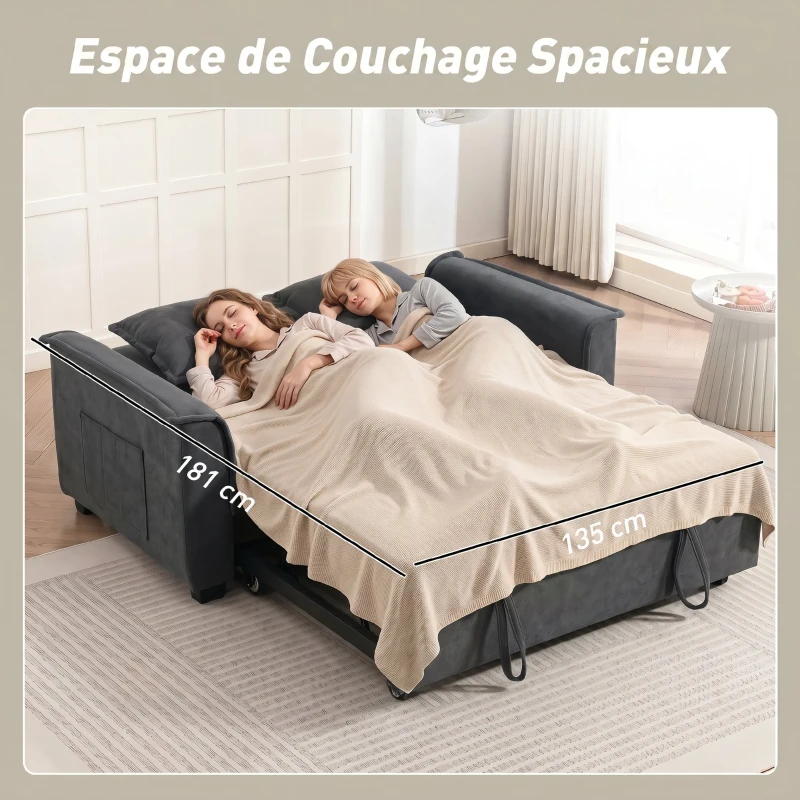 HOMCOM Canapé convertible 2 places, canapé-lit clic-clac en chenille, dossier réglable, 2 coussins, poche latérale, gris
