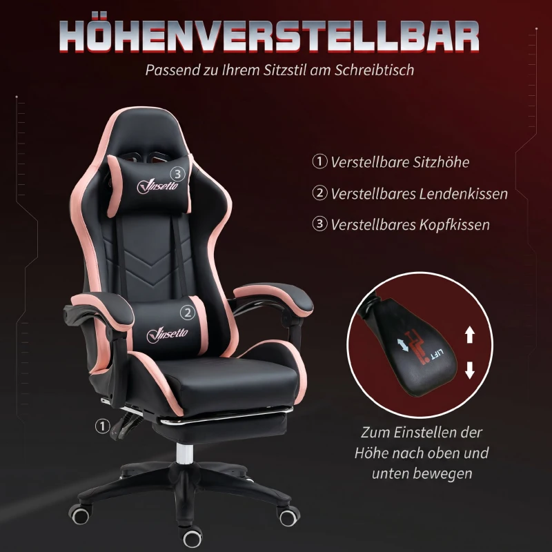 Vinsetto Bureaustoel, Gamingstoel, met Hoofdsteun en Lendensteun, Roze + Zwart