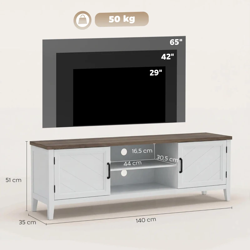 HOMCOM Meuble TV 140 cm, meuble télé pour téléviseur jusqu'à 65 pouces avec 2 portes, 2 compartiments ouverts, blanc et marron