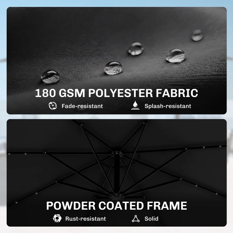 Outsunny 3 m Cantilever Parasol with Solar LED Lights Garden Umbrella with Cross Base, Black