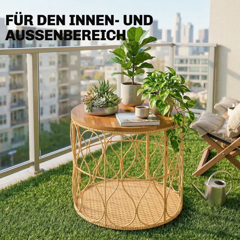 Outsunny Bijzettafel Ø50 cm weerbestendig Tuintafel met rotanlook Acaciahouten tafelblad verstelbare voetjes Teak