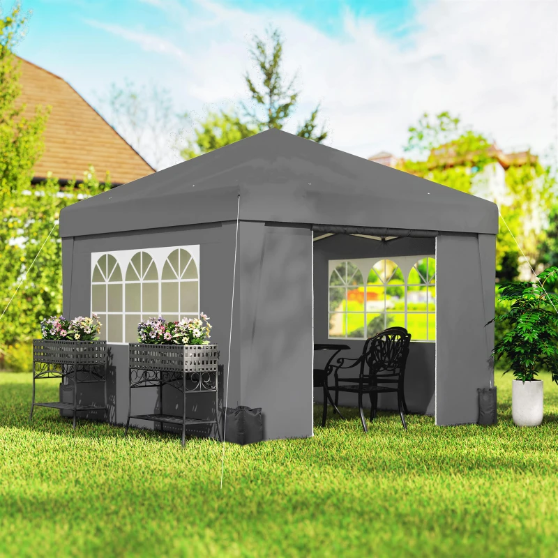 Outsunny Tonnelle de jardin pliante 3 x 3 x 2,75 m anti-UV 30 + avec fenêtres + parois latérales + sac de transport gris foncé