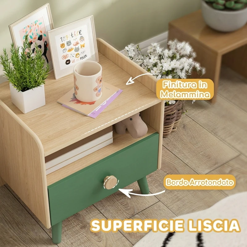 AIYAPLAY Comodino con Cassetto per Bambini 3-10 Anni in Legno e Legno di Pino, 40x32.5x40 cm, Verde