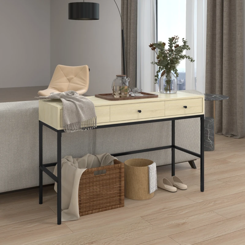 HOMCOM Table console table d'entrée structure en acier 3 tiroirs effet bois style industriel 120 x 39,8 x 78 cm naturel noir