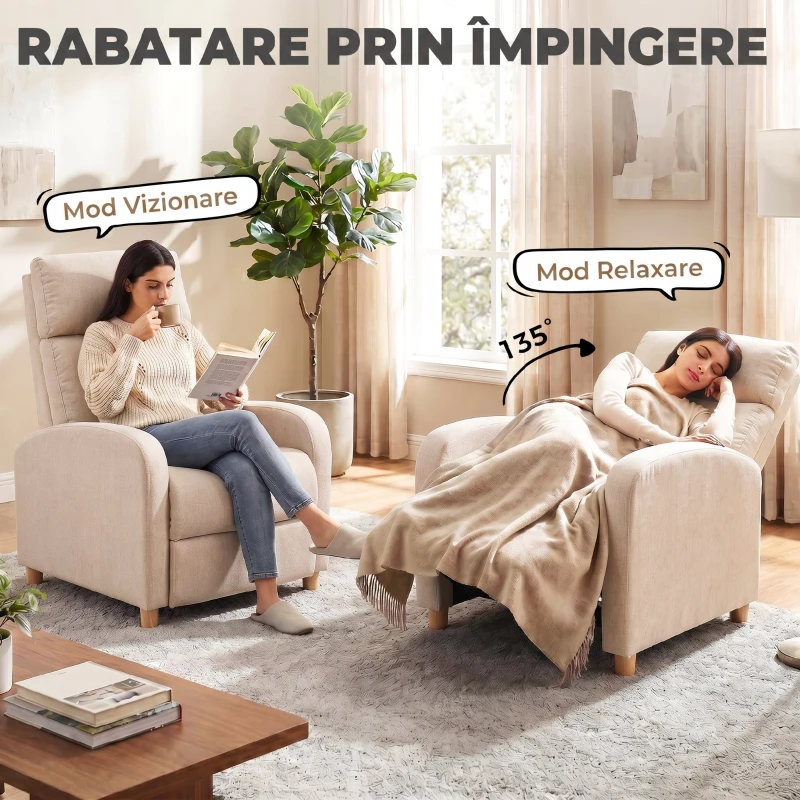 HOMCOM Fotoliu Recliner cu Suport pentru Picioare, Arcuri în Saci, Țesătură In, 87x67x102 cm, Bej