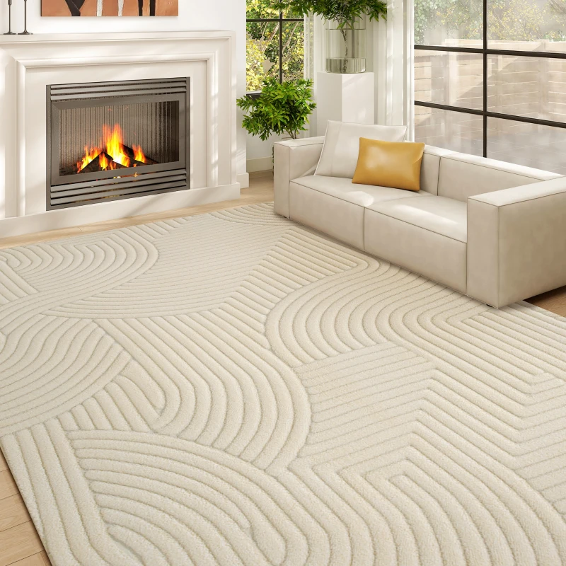 HOMCOM Tapis salon 160 x 120 cm, tapis à poils épais géométrique, moelleux et antidérapant, crème