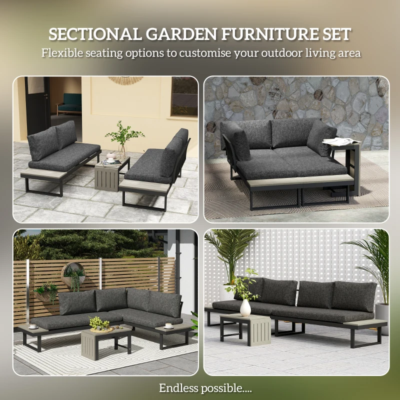 Outsunny 4 Seater L Shaped Aluminium Sectional Garden Furniture Set with 2 Loveseats and Wood-Plastic Coffee Table - Dark Grey
