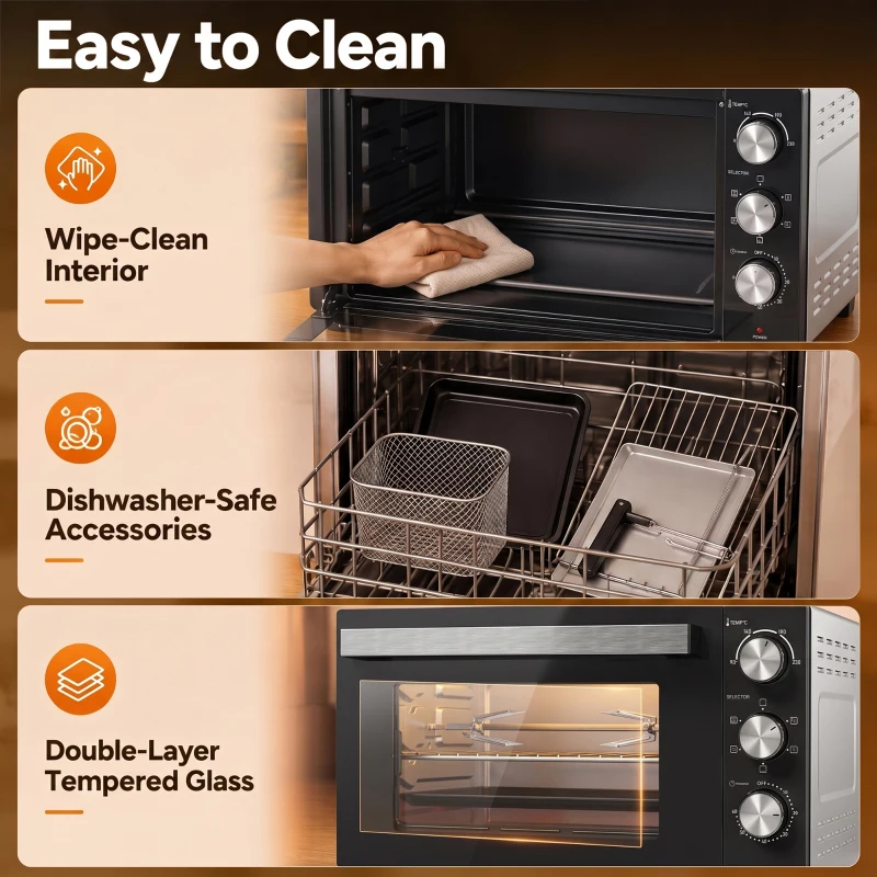 HOMCOM Mini-Four avec Broche Rotative 36L 1500 W, Four à Convection Multifonction, Chaleur Tournante, Minuterie 60 min, Argenté