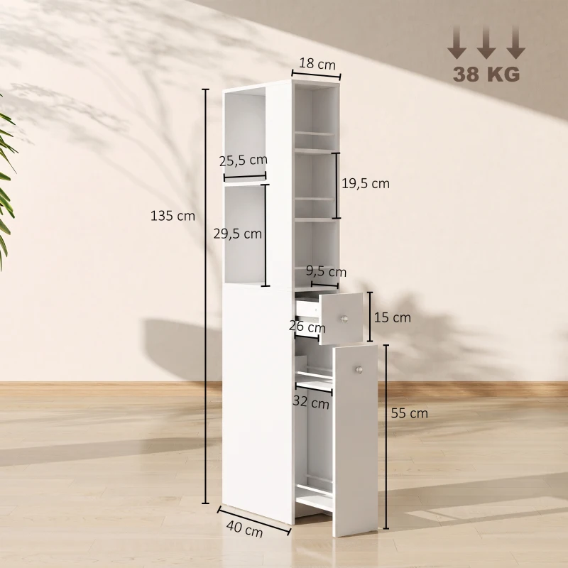 HOMCOM Meuble de Salle de Bain Haut Slim 135 cm avec 2 Tiroirs, 2 Étagères Latérales, 3 Compartiments, 18x40x135 cm, Blanc