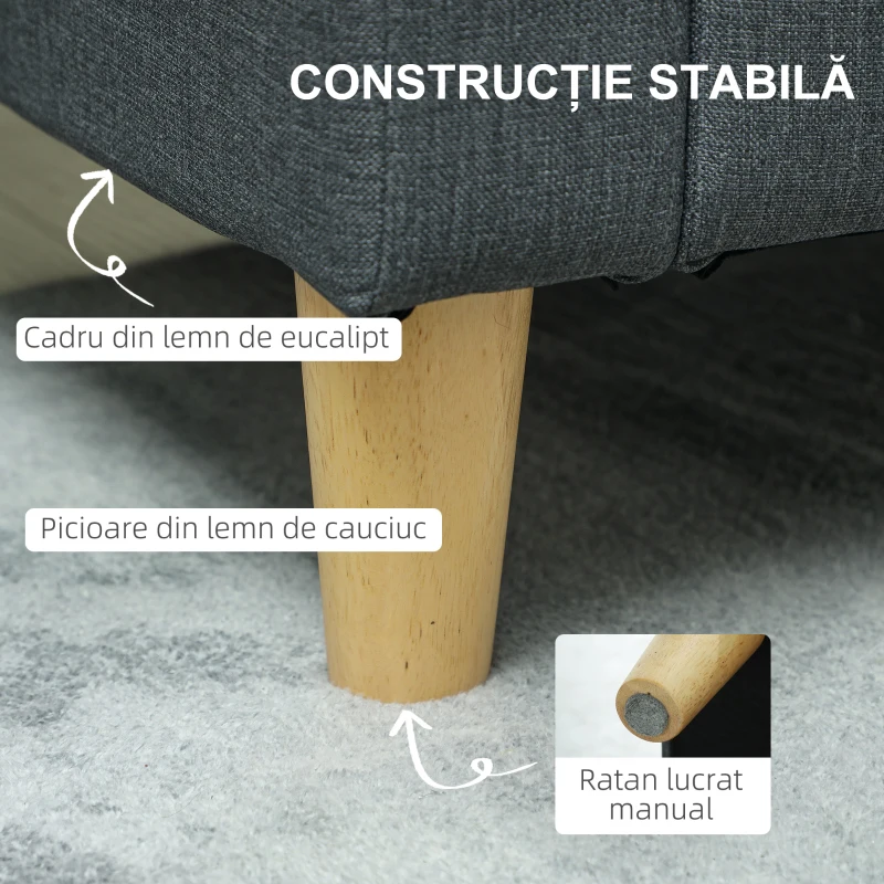 HOMCOM Canapea 2 locuri cu spațiu de depozitare și perne, din material textil cu efect de in și lemn, 135x72x84 cm, gri cărbune