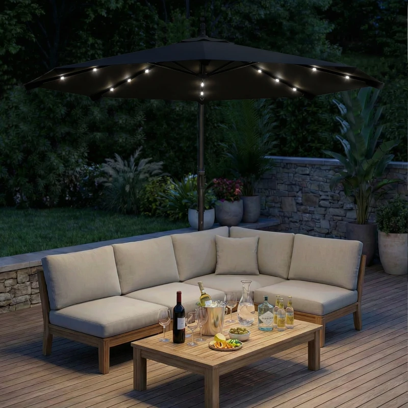 Outsunny 3 m Cantilever Parasol with Solar LED Lights Garden Umbrella with Cross Base, Black