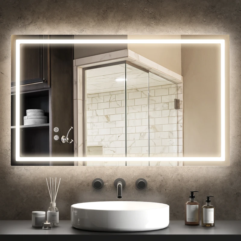 HOMCOM Specchio per Bagno con Luci LED Regolabili a 3 Colori e Strato Antiurto, in Vetro e Metallo, 100x3x60 cm