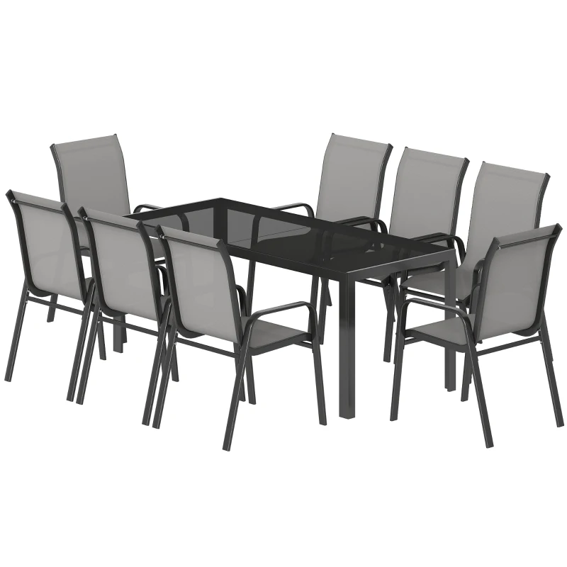 Outsunny Set da Esterno 9pz con 8 Sedie Impilabili in Texteline e Tavolino da Caffè con Piano in Vetro, Grigio Chiaro