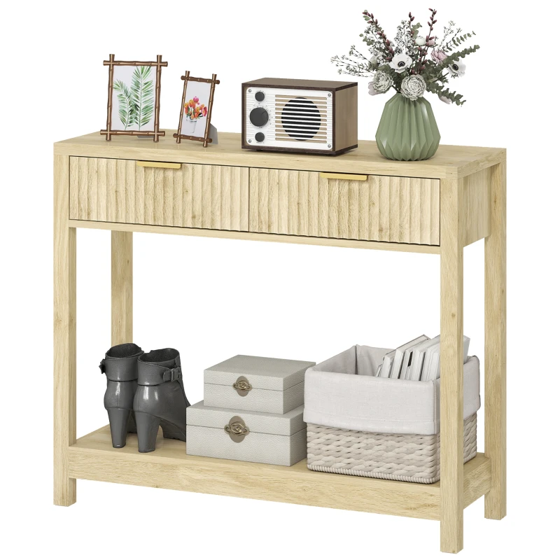HOMCOM Console meuble 90 cm, table console étroite avec 2 tiroirs rainurés et étagère, style moderne, bois naturel