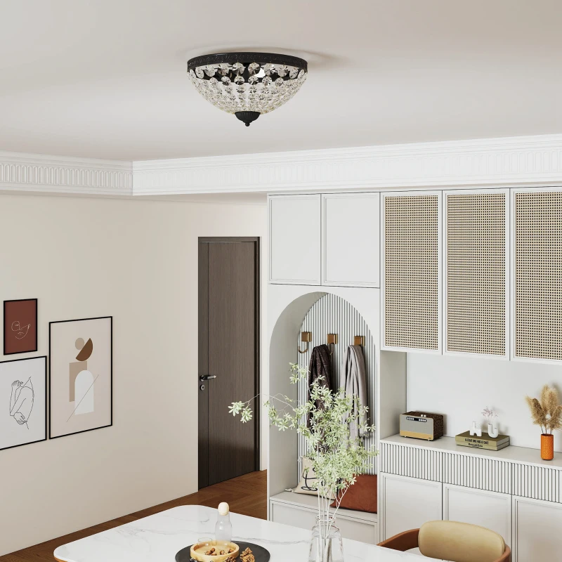 HOMCOM Lámpara de Techo de Cristal Vintage con 2 Casquillos E14 40W con 168 Cuentas de Cristal para Dormitorio Salón Negro