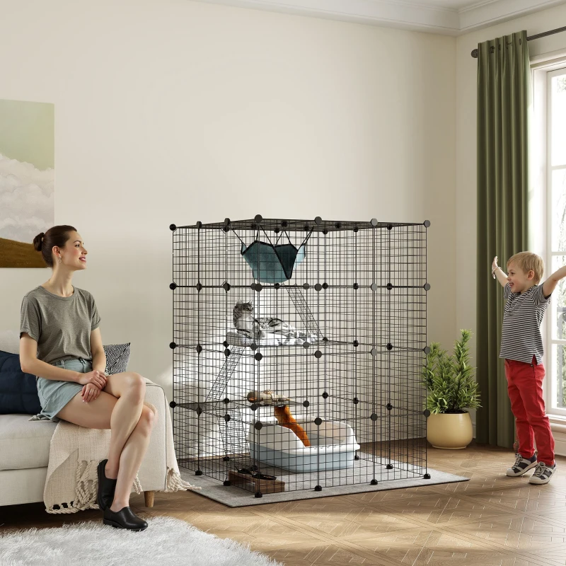 PawHut Jaula Grande para Gatos Interior de 4 Niveles con 5 Puertas 3 Plataformas de Salto 3 Rampas Hamaca 105x105x140 cm Negro