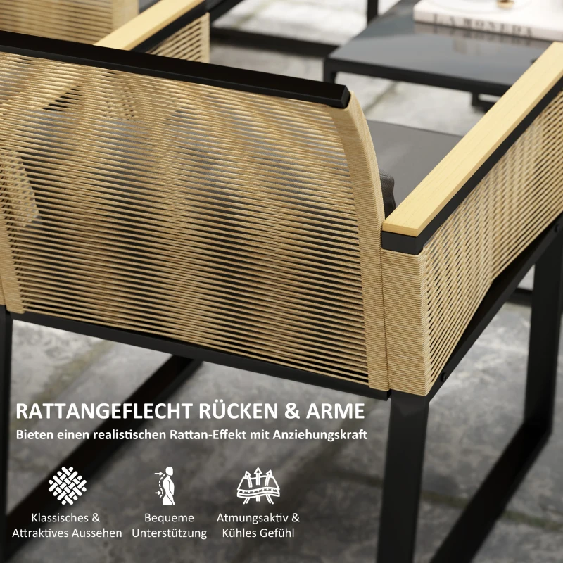 Outsunny Polyrattan Tuinmeubelset voor 4 Personen, Weerbestendig Balkonmeubelset met Tweezitsbank, 2 Stoelen, Glazen Tafel en Zitkussens Zwart