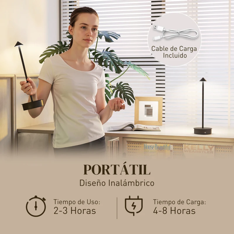 HOMCOM Juego de 2 Lámparas de Mesa LED Recargables con USB y Control Táctil y Luz Regulable Ø10x30 cm Negro