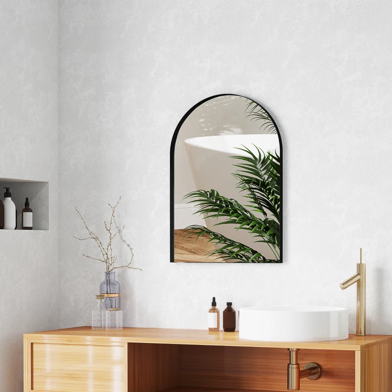 HOMCOM Gebogen Badkamerspiegel, 50 x 70 cm, Badkamerspiegel met Aluminium Frame, Decoratieve Spiegel, Keuken, Zwart