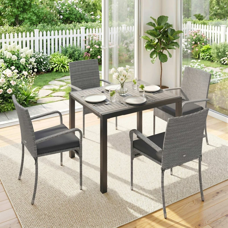 Outsunny 7 Piece Rattan Garden Furniture Set, 6 Seater Garden Table and 6 Stackable Chairs with Extendable Acacia Wood Tabletop