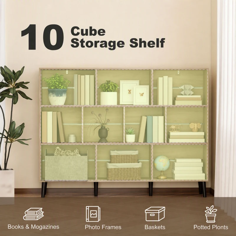 HOMCOM 10-Cube Bookcase, 3-Tier Book Shelf with Solid Wood Legs, 140 cm Modern Bookshelf with Anti-Tip Kit, Oak
