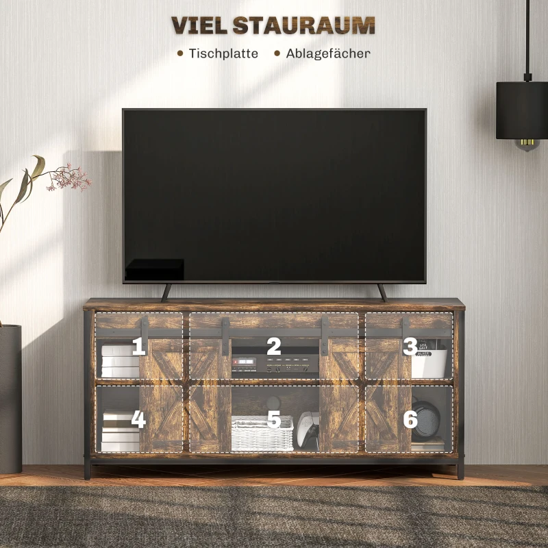 HOMCOM TV-lowboard, industrieel design, voor tv's tot 152,4 cm, 6 vakken, 2 schuifdeuren, bruin/zwart(m-4)