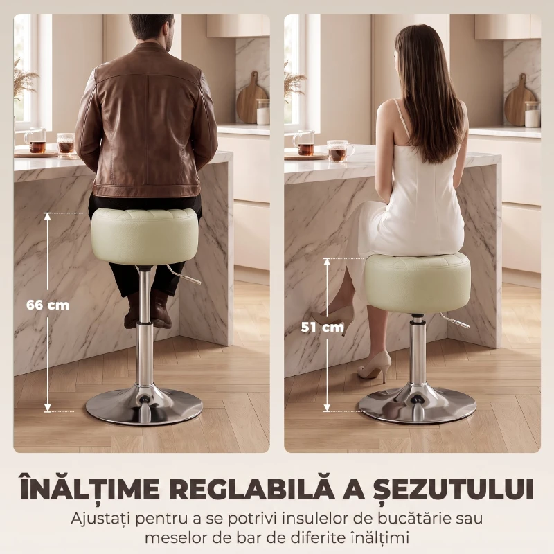 HOMCOM Scaun de Bar din Piele Ecologică PU, Reglabil pe Înălțime, Șezut Moale Gros, Rotire 360°, Pentru Insulă, Alb
