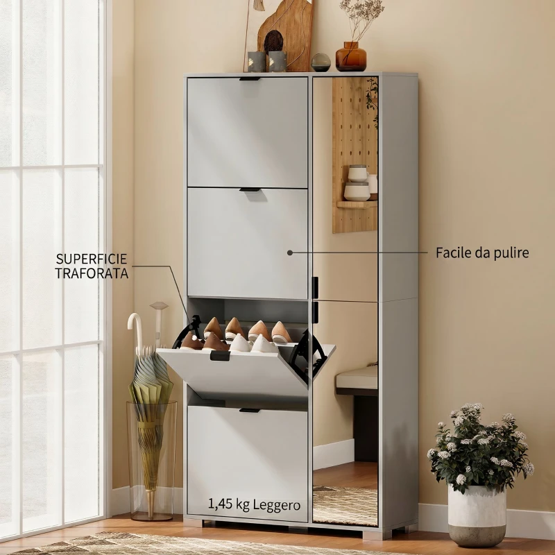 HOMCOM Scarpiera con Specchio, 4 Cassetti Ribalta, Scarpiera Ingresso, Grigio