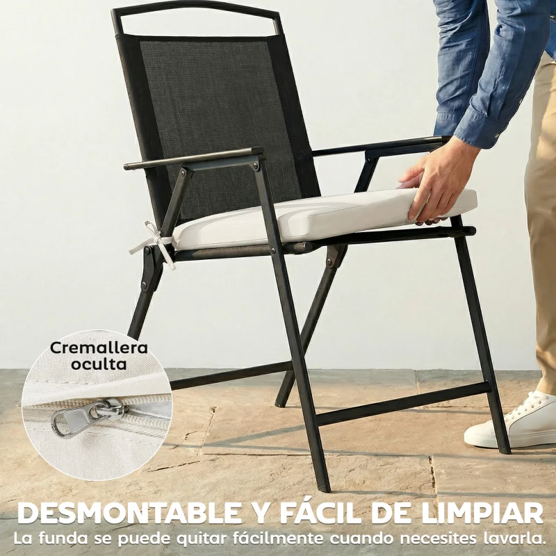Outsunny Juego de Cojines para Sillas de Comedor 46x42x7 cm 6 Piezas con Funda Lavable y Lazos, Impermeable y Anti-UV Crema