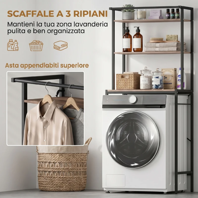 HOMCOM Mobile Sopra Lavatrice a 3 Ripiani con Barra Appendiabiti, in Legno e Acciaio, 67x40x161.8 cm, Marrone e Nero