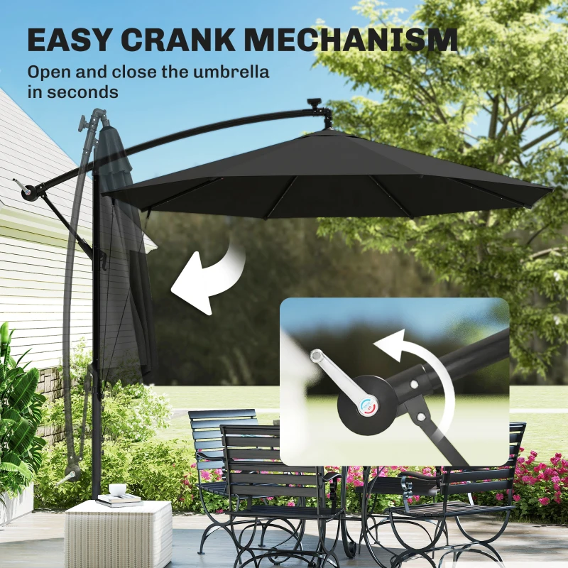 Outsunny 3 m Cantilever Parasol with Solar LED Lights Garden Umbrella with Cross Base, Black