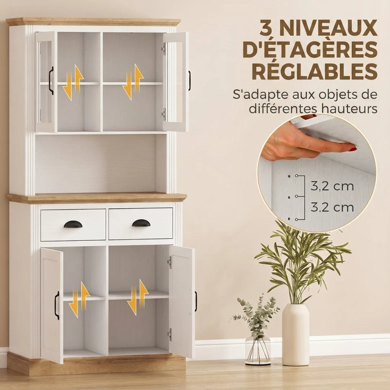 HOMCOM Buffet Haut Cuisine, Armoire Cuisine, 4 Portes dont 2 en Verre, 2 Tiroirs, Plan de Travail, Étagères Réglables, Blanc