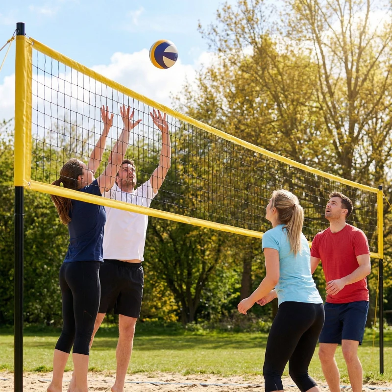 SPORTNOW Ensemble de Volley-Ball et Badminton, Poteaux en Acier Hauteur Réglable, Sac de transport, pour Pelouse Plage Jardin