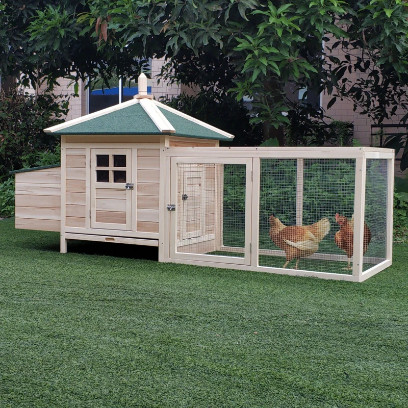PawHut Gallinero de Madera Exterior, Jaula para Gallinas con Nidos, Corral, Bandeja Extraíble, Tapa Abatible, 196x76x97 cm, Natural