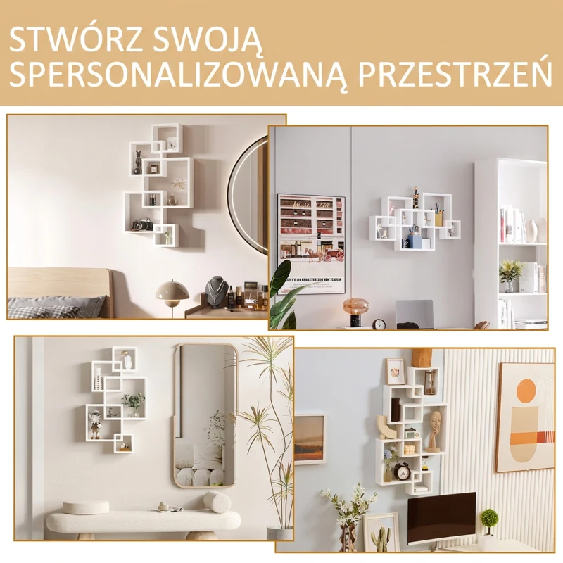 HOMCOM Regał ścienny wiszący z 5 sześcianami, 9 przegródek, dekoracja ścienna do salonu sypialni, drewno świerkowe, biały, 49,5 x 10,2 x 86 cm